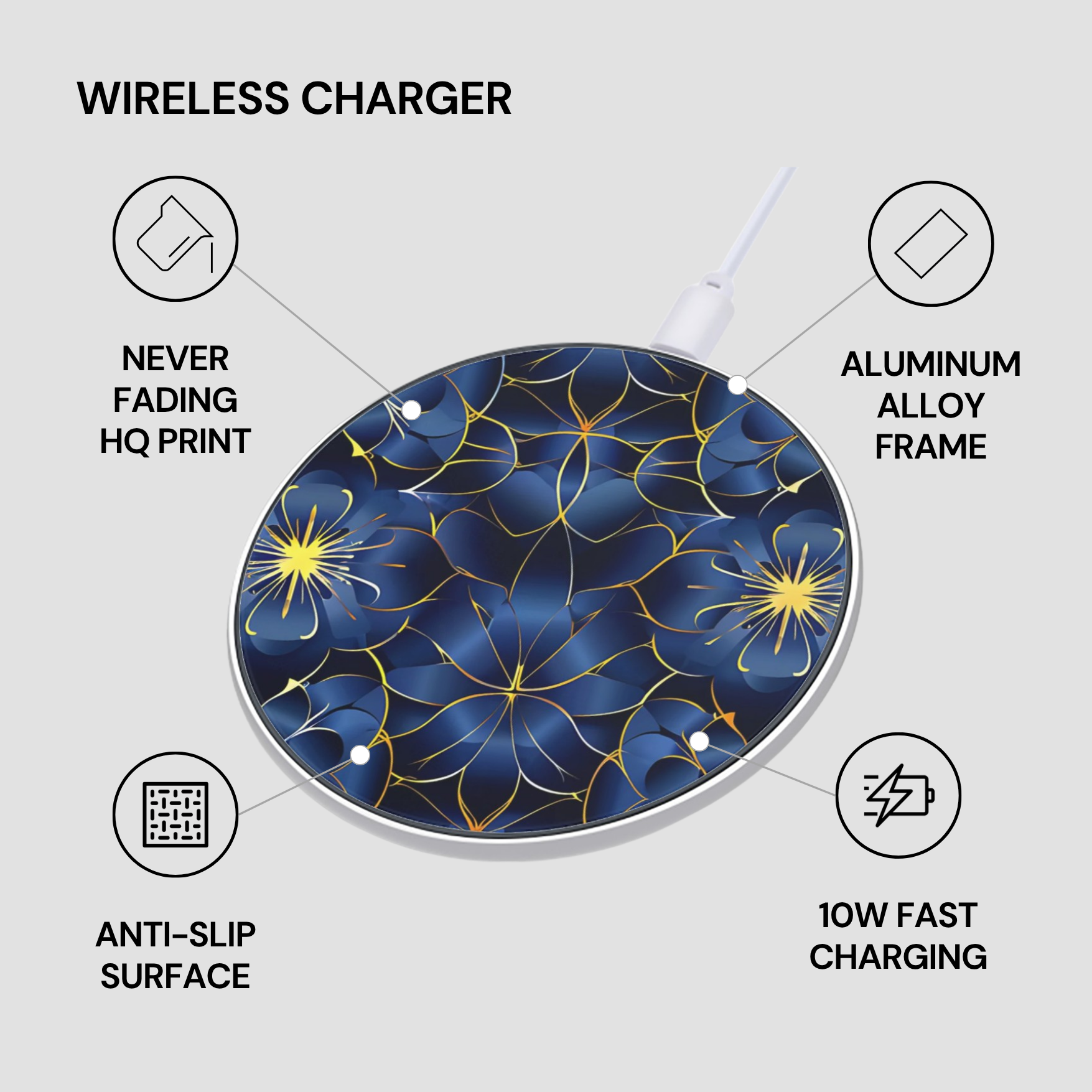 Wireless charger with floral design on a gray background