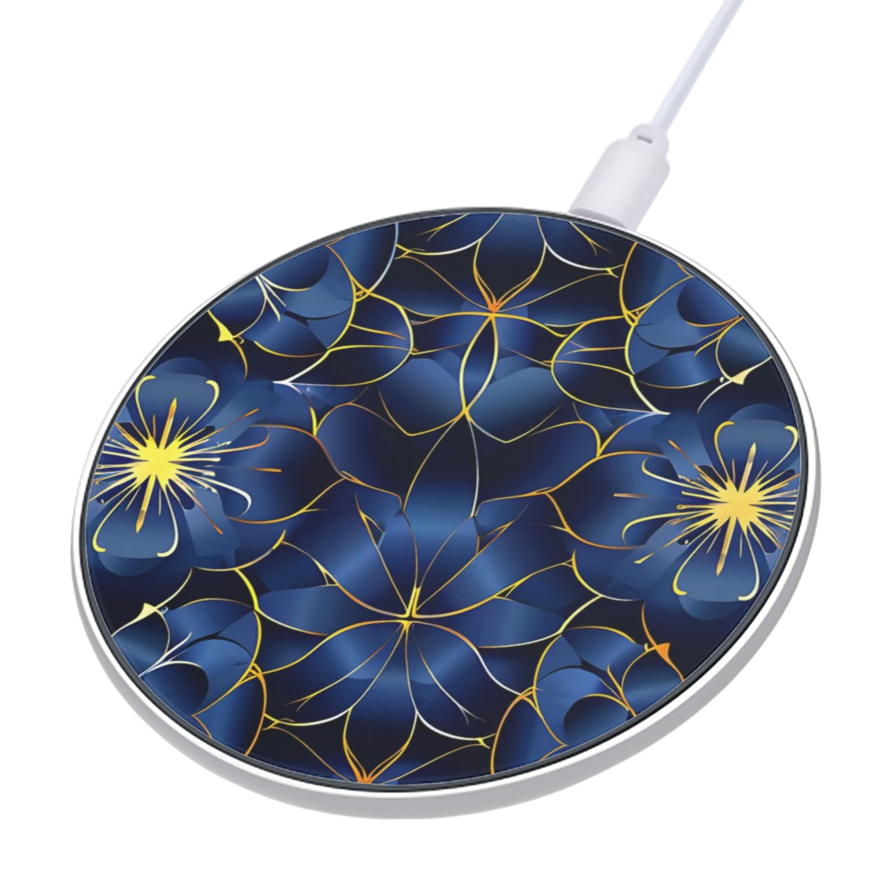 Wireless charging pad with blue floral design on a white background