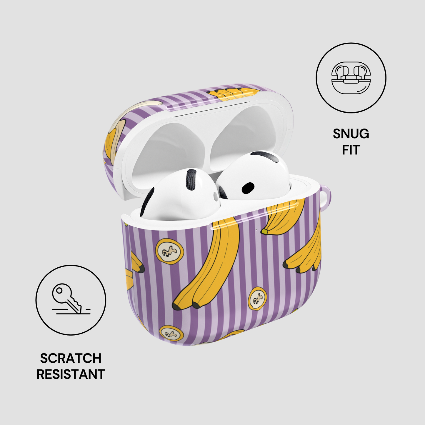 White wireless earbuds in a purple case with banana pattern on a light gray background