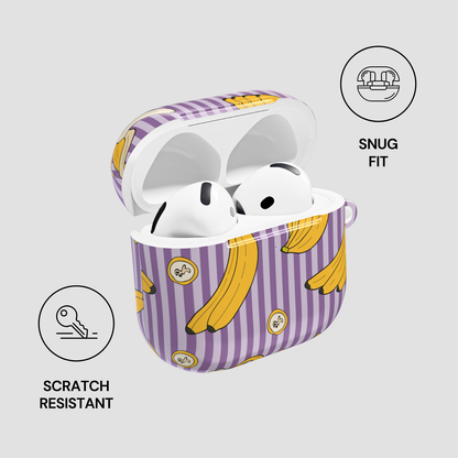 White wireless earbuds in a purple case with banana pattern on a light gray background