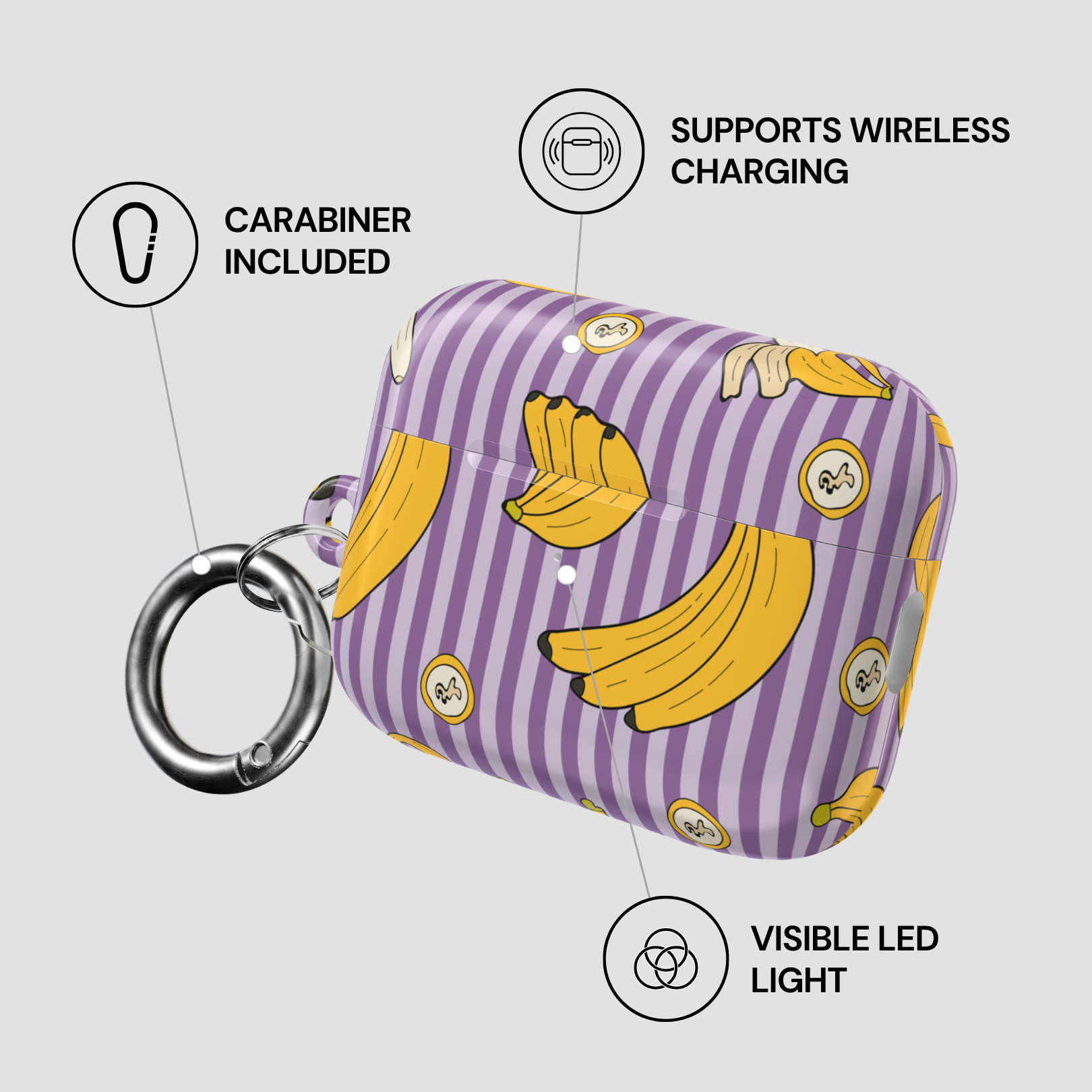 Purple striped case with banana pattern, carabiner, wireless charging, and LED light features on a gray background.