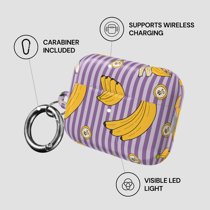 Purple striped case with banana pattern, carabiner, wireless charging, and LED light features on a gray background.