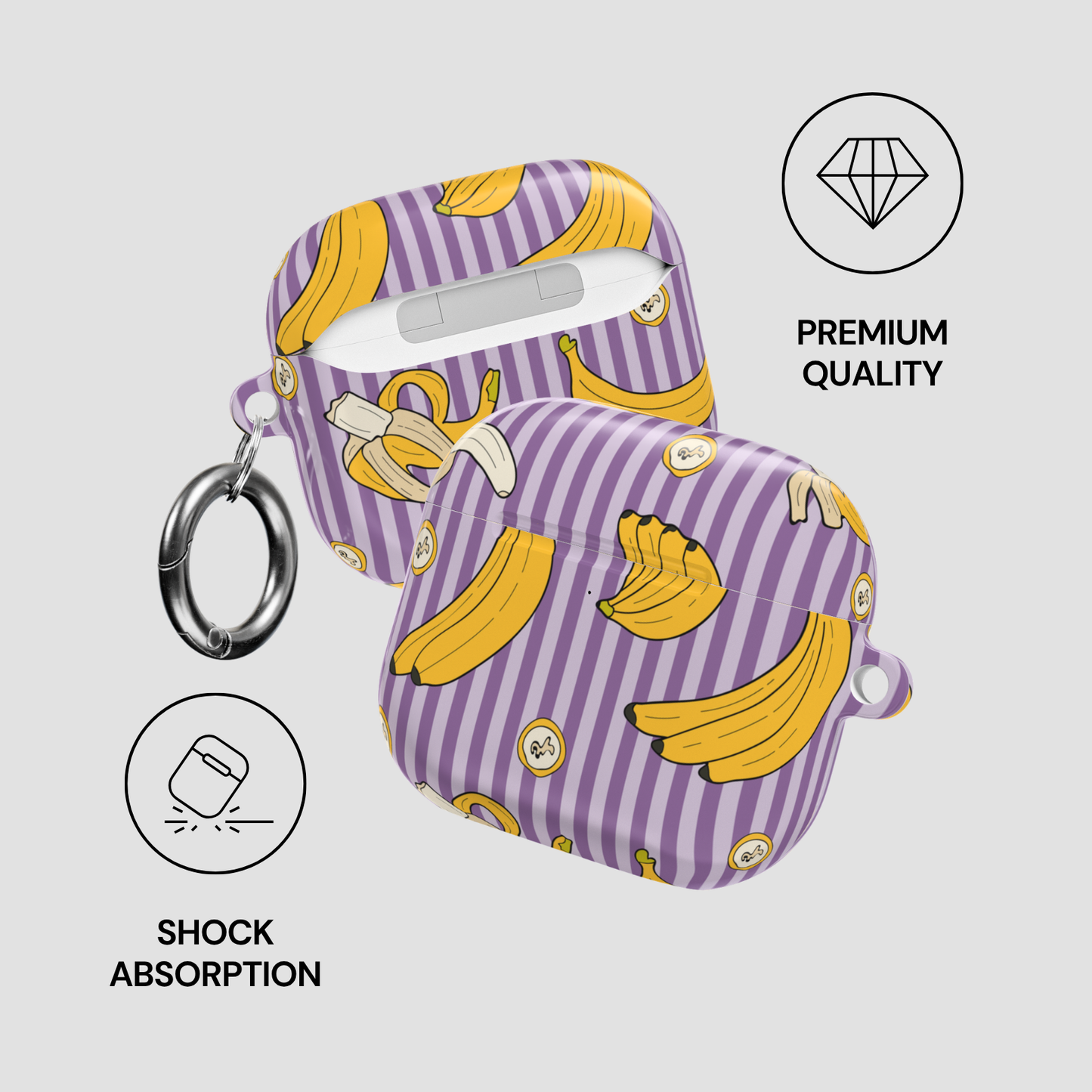 Purple striped case with banana design and keychain on a light gray background
