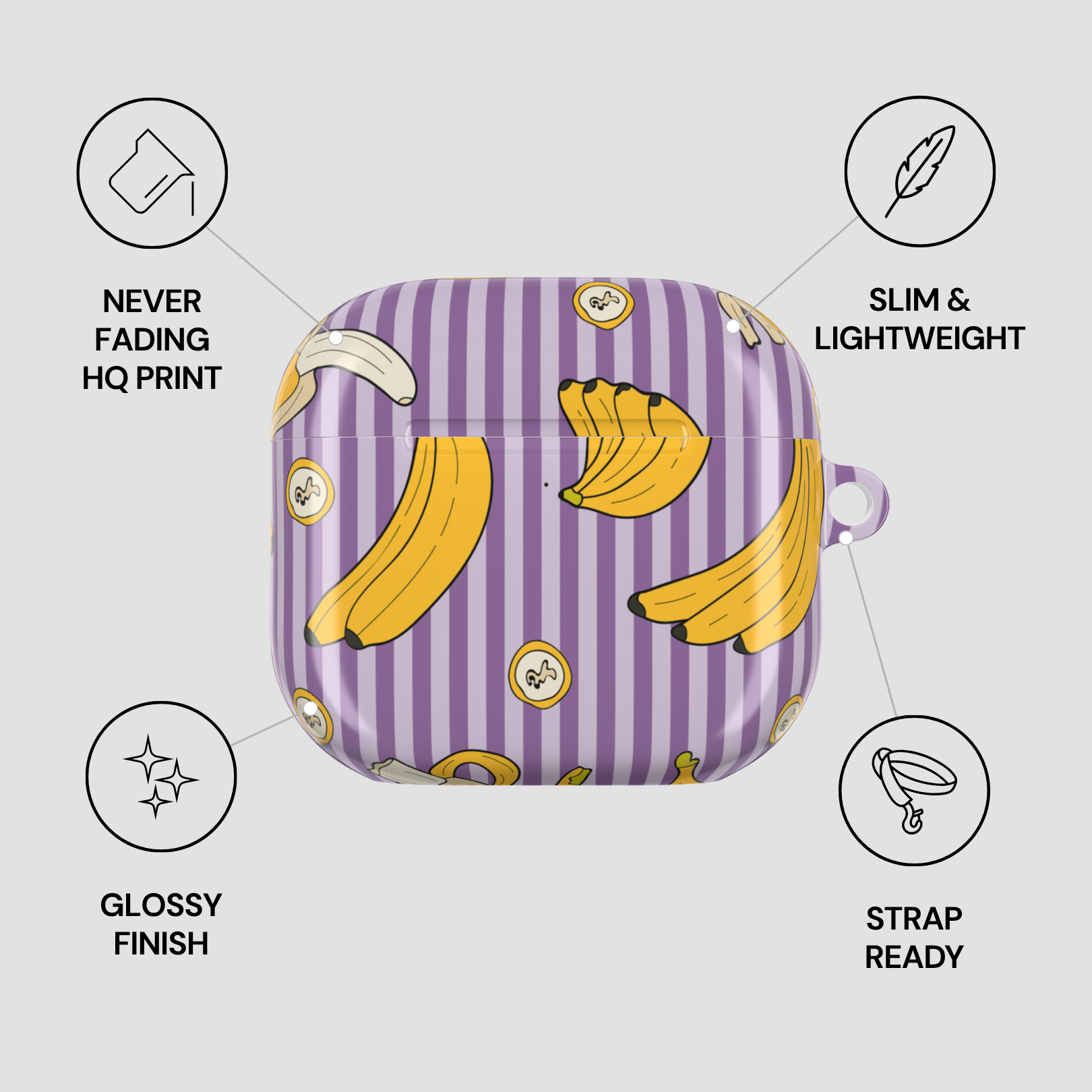 Purple striped case with banana design and feature icons on a white background