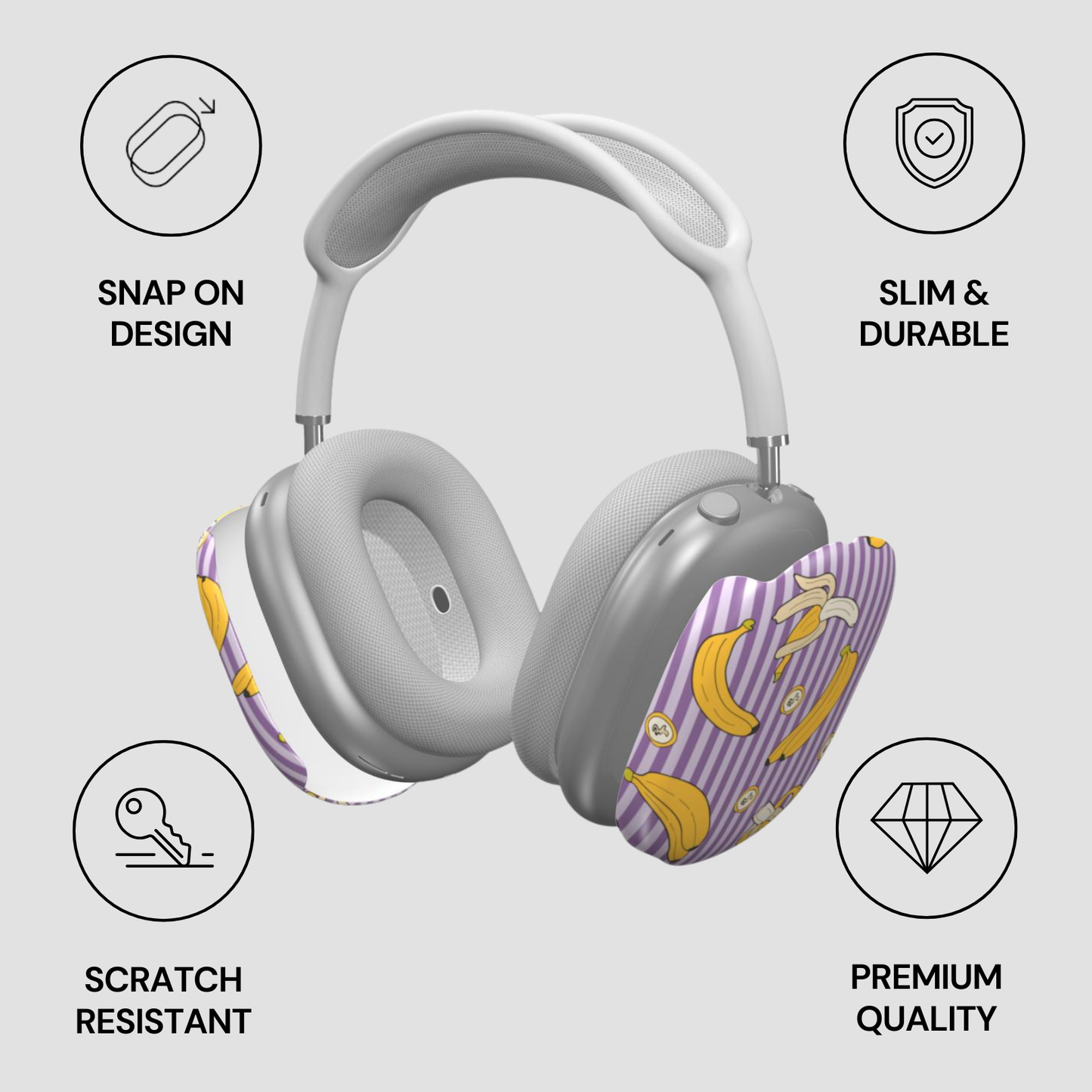 Gray headphones with colorful design on a light gray background with feature icons.