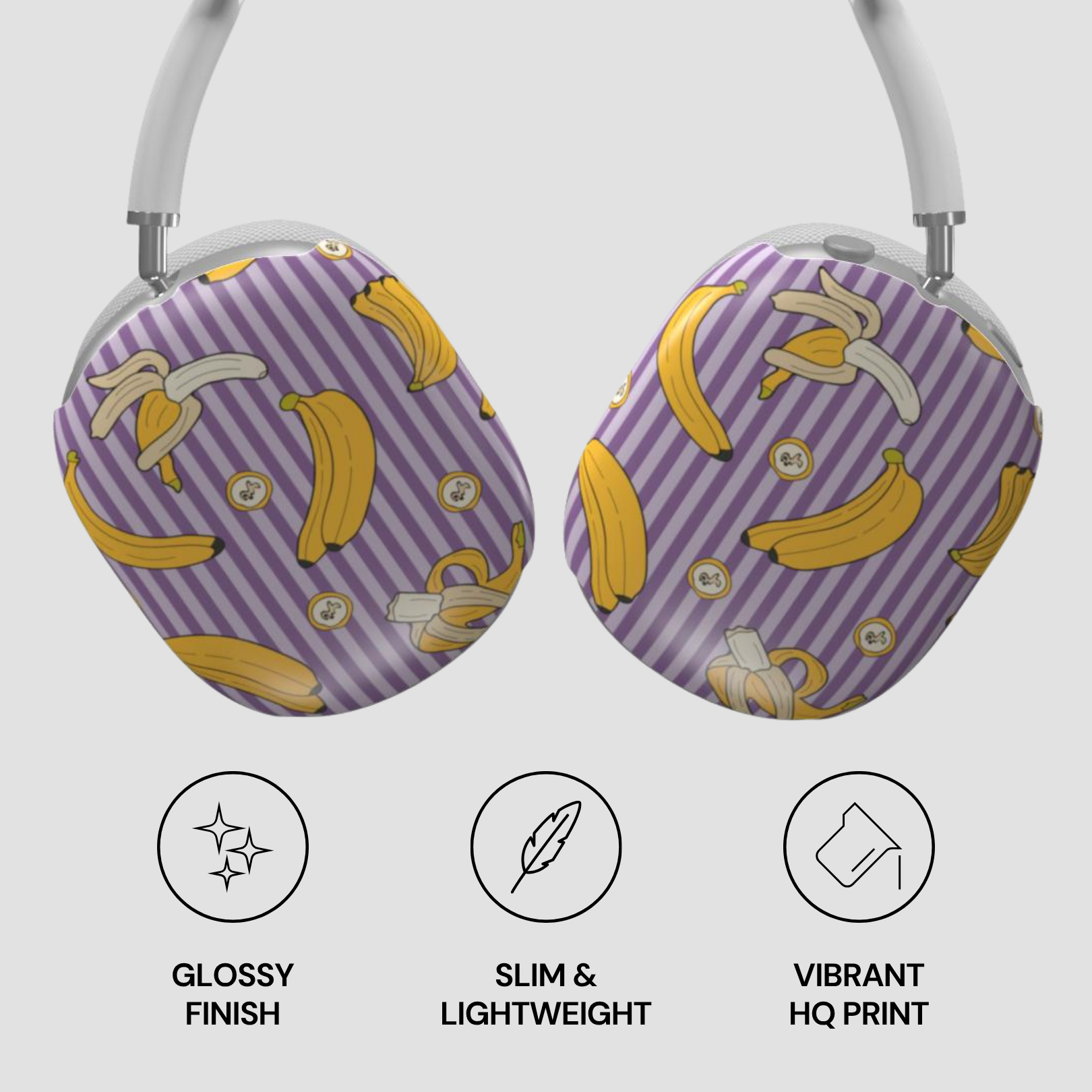 Purple striped cases with banana pattern on a white background