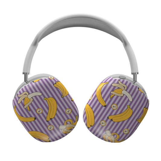 Headphones with banana pattern on a purple striped case