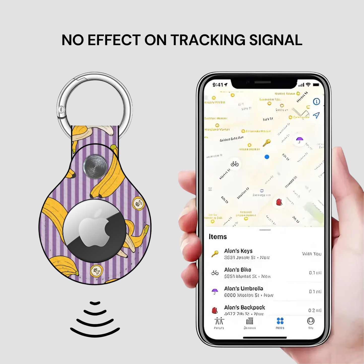 Smart keychain with tracking app on smartphone displaying location information