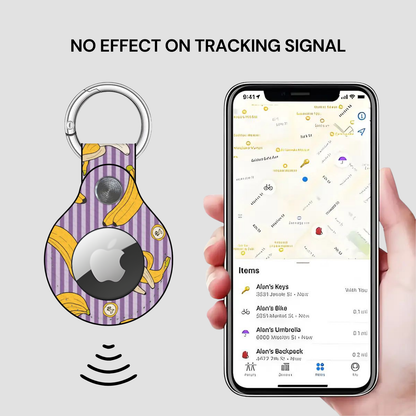 Smart keychain with tracking app on smartphone displaying location information