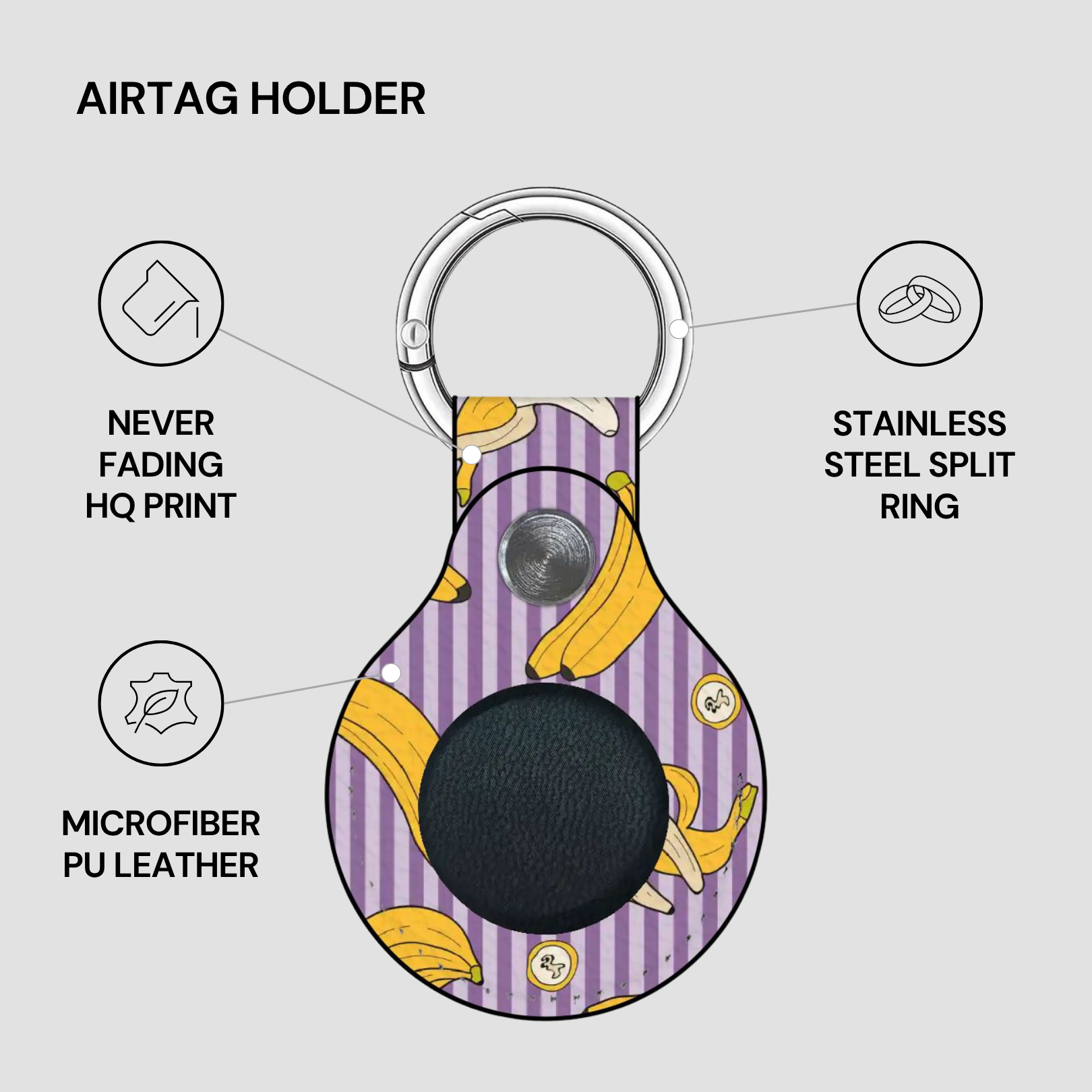 Airtag holder with banana pattern on a gray background