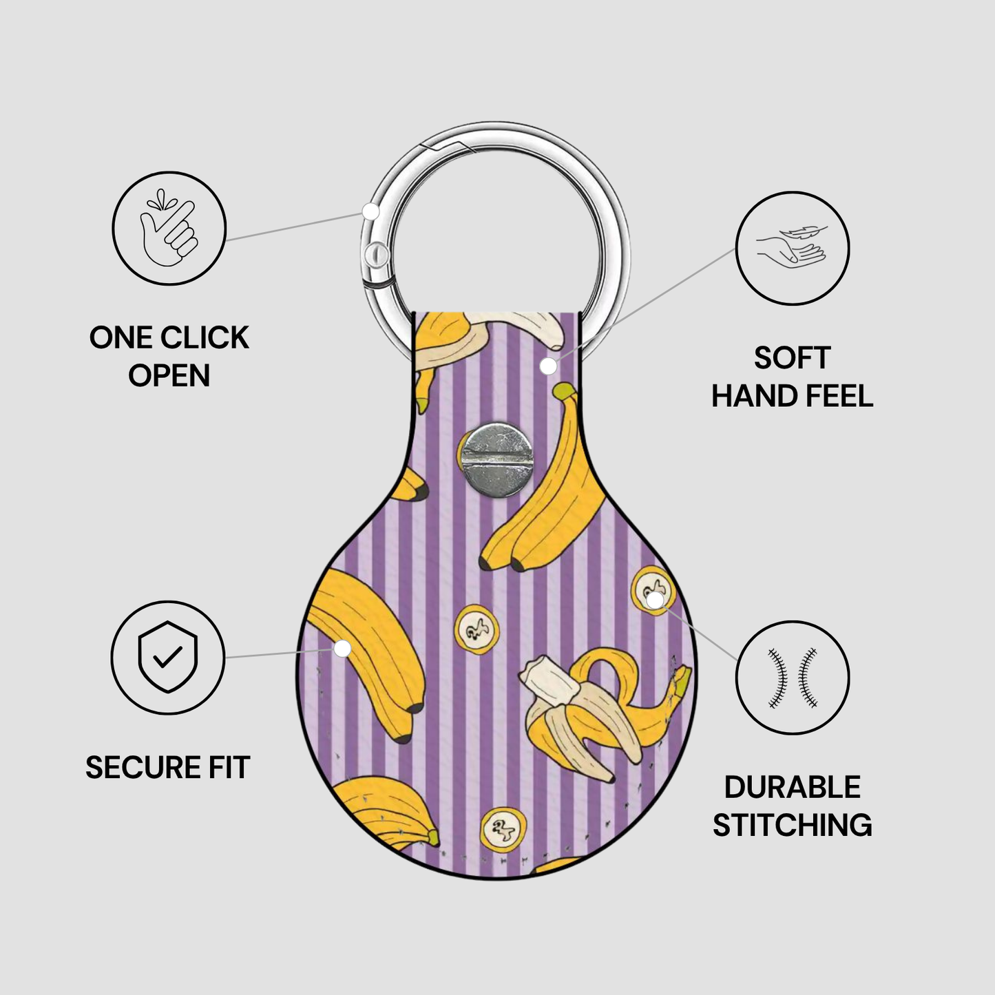 Keychain case with banana pattern and features on a gray background