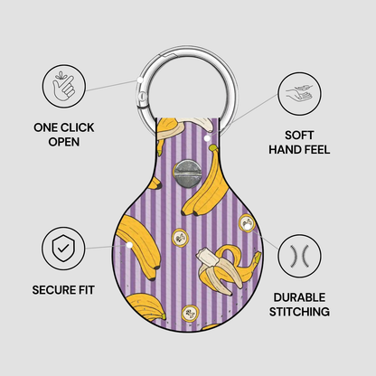 Keychain case with banana pattern and features on a gray background