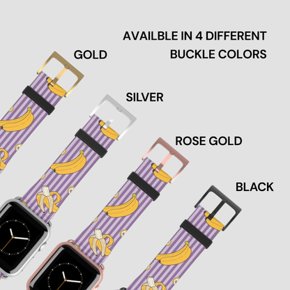 Purple striped watch band with banana pattern and buckle color options on a light gray background