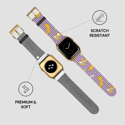 Smartwatch with a purple strap featuring cartoon characters on a light gray background