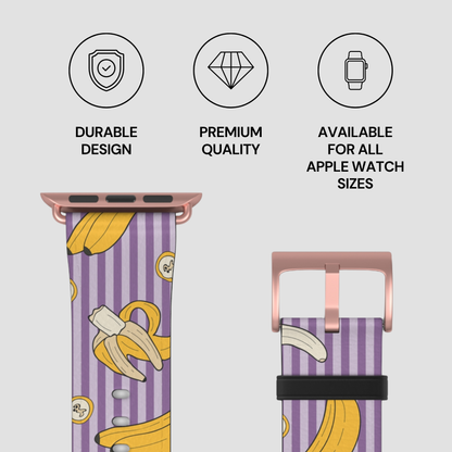 Purple striped watch band with banana pattern and rose gold buckle on a light gray background.