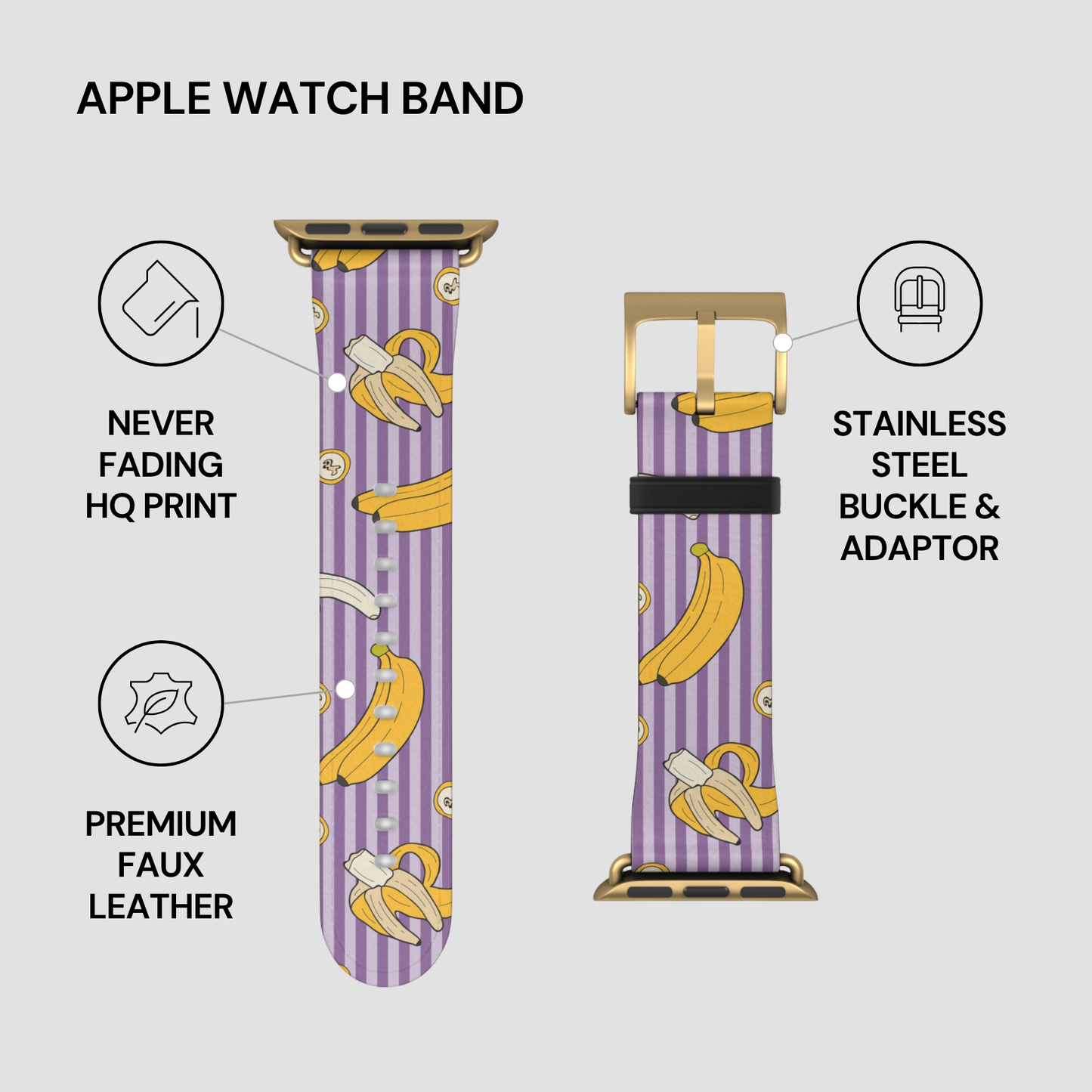 Purple Apple Watch band with banana pattern on a gray background