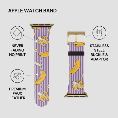 Purple Apple Watch band with banana pattern on a gray background