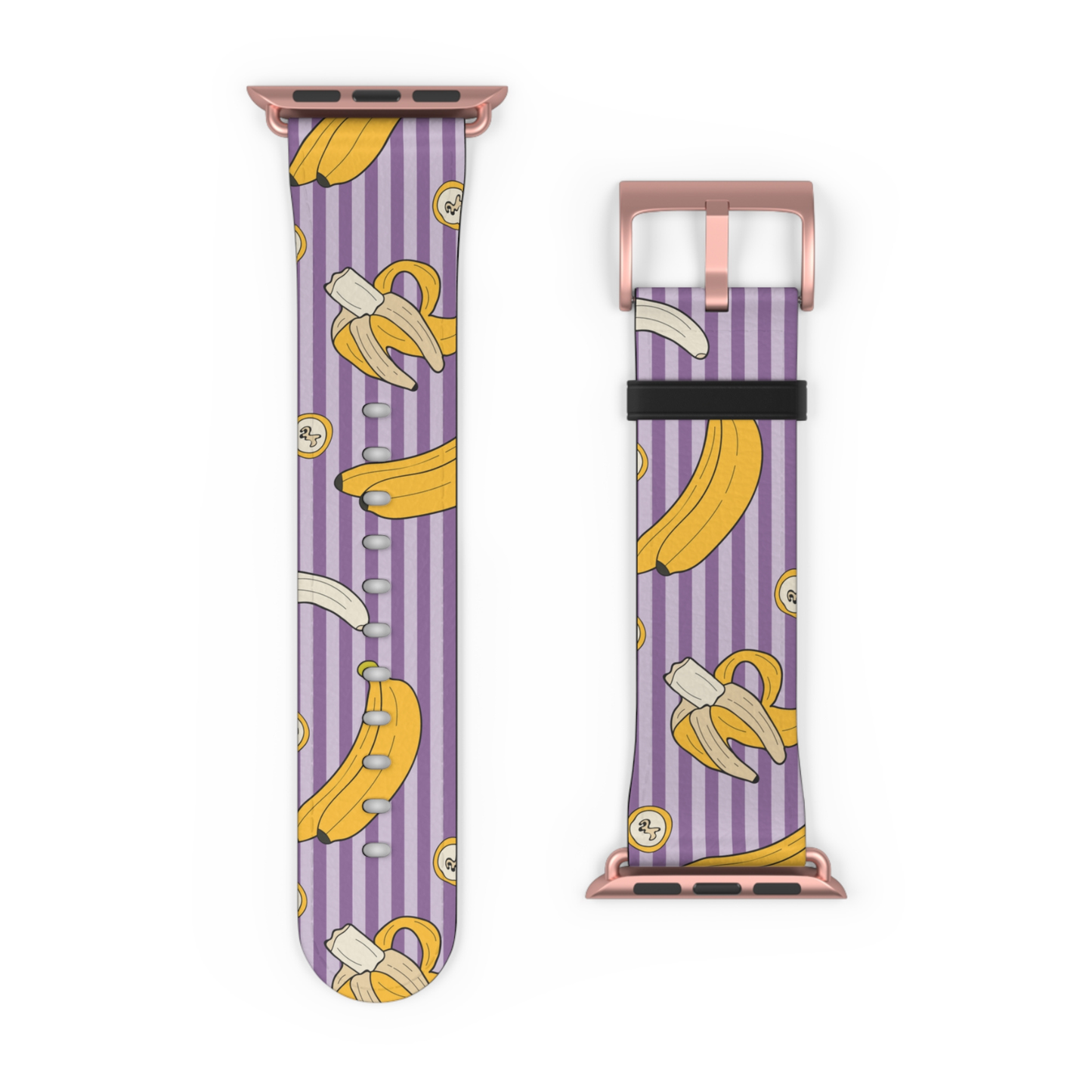 Watch band with banana pattern on a purple and white striped background
