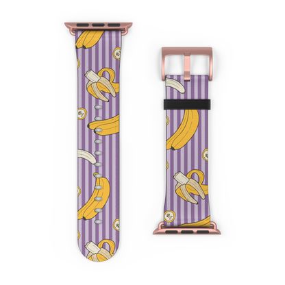 Watch band with banana pattern on a purple and white striped background