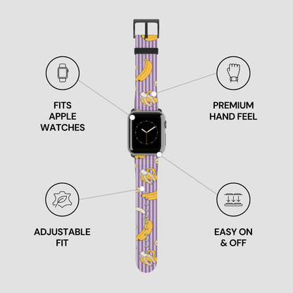 Watch band with banana pattern on a gray background with features listed.