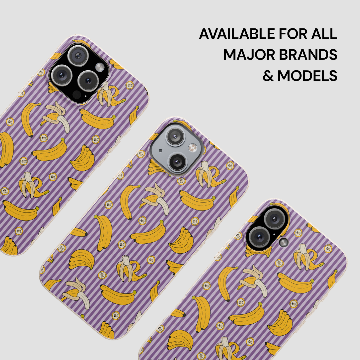 Three purple phone cases with banana pattern on a light gray background