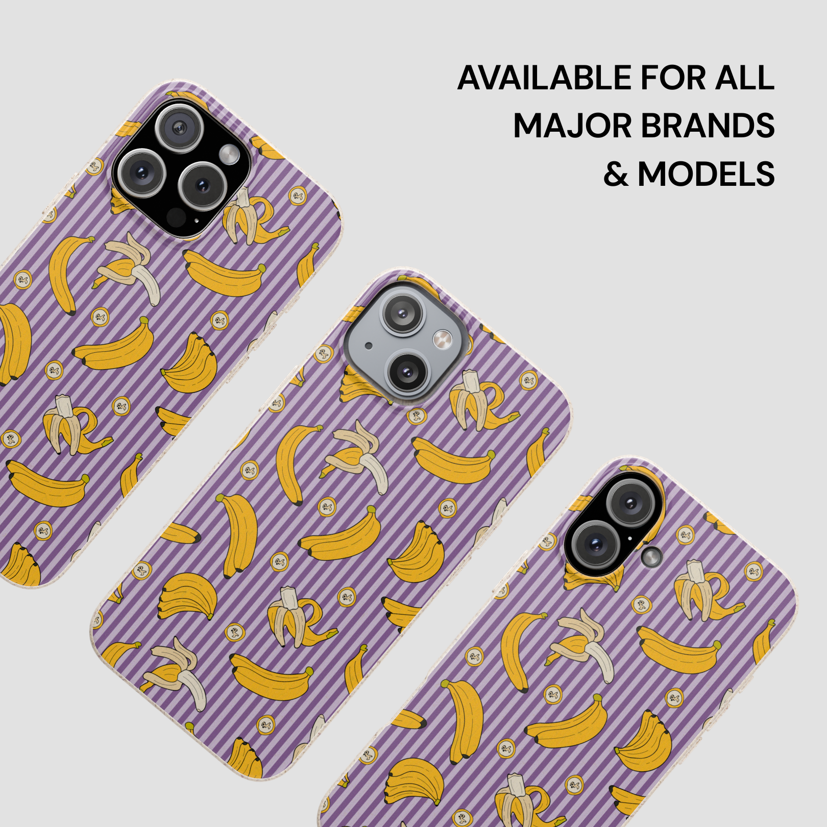 Three purple phone cases with banana pattern on a light gray background
