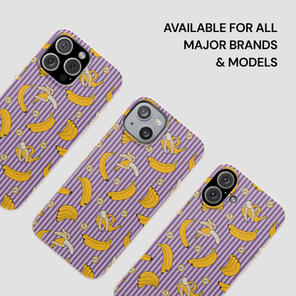 Three purple phone cases with banana pattern on a light gray background
