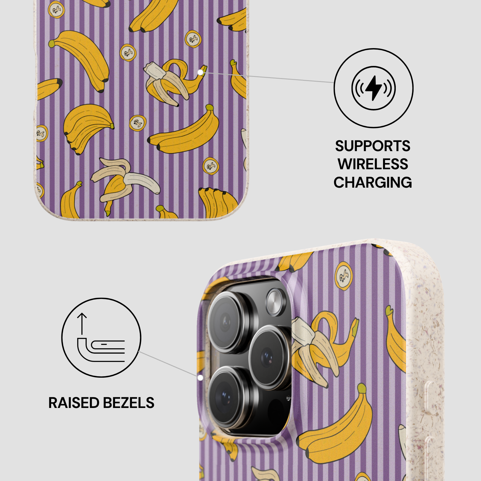 Phone case with banana pattern and wireless charging symbol on a light gray background