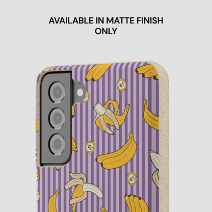 Phone case with banana pattern on a purple background