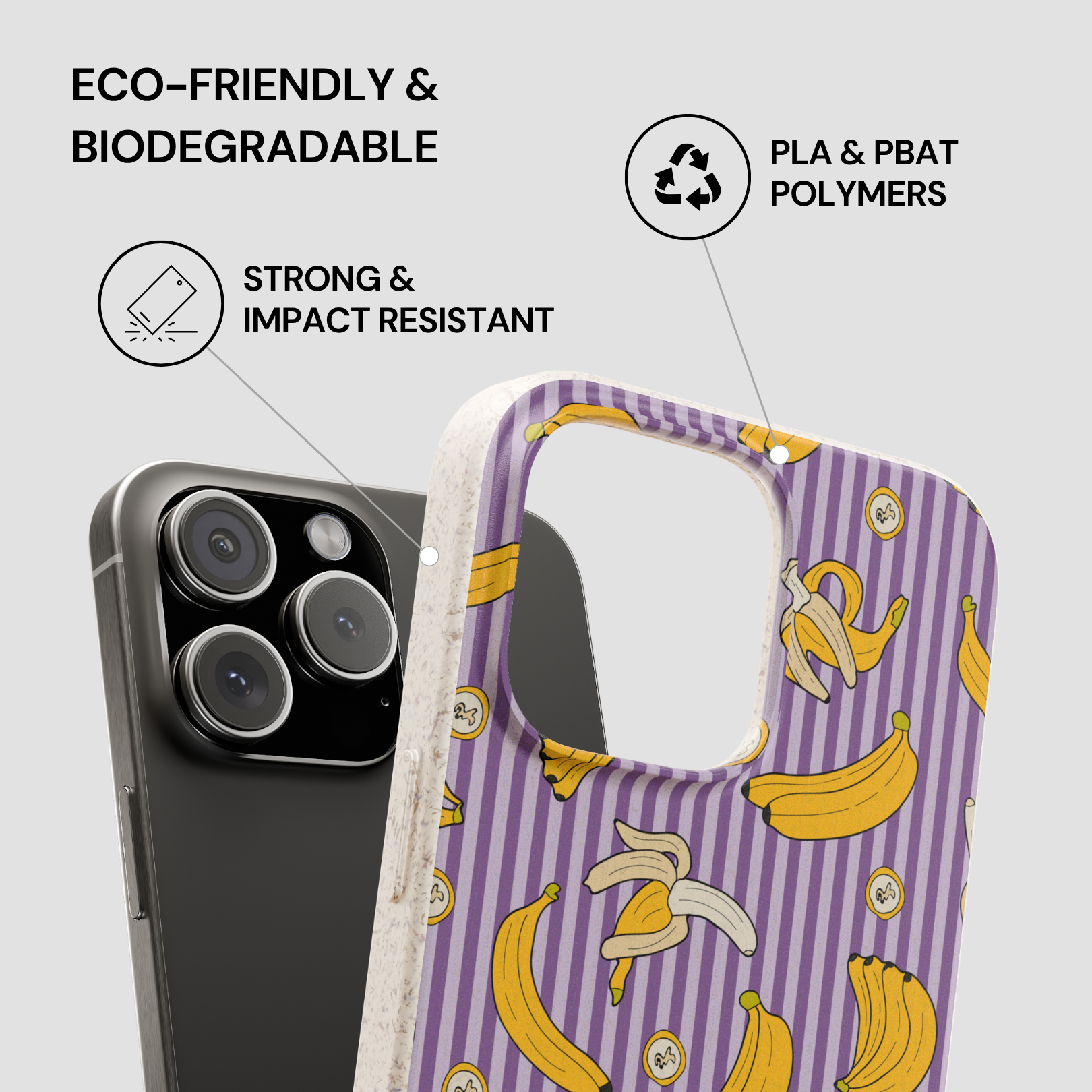 Phone case with banana pattern and eco-friendly features on a gray background