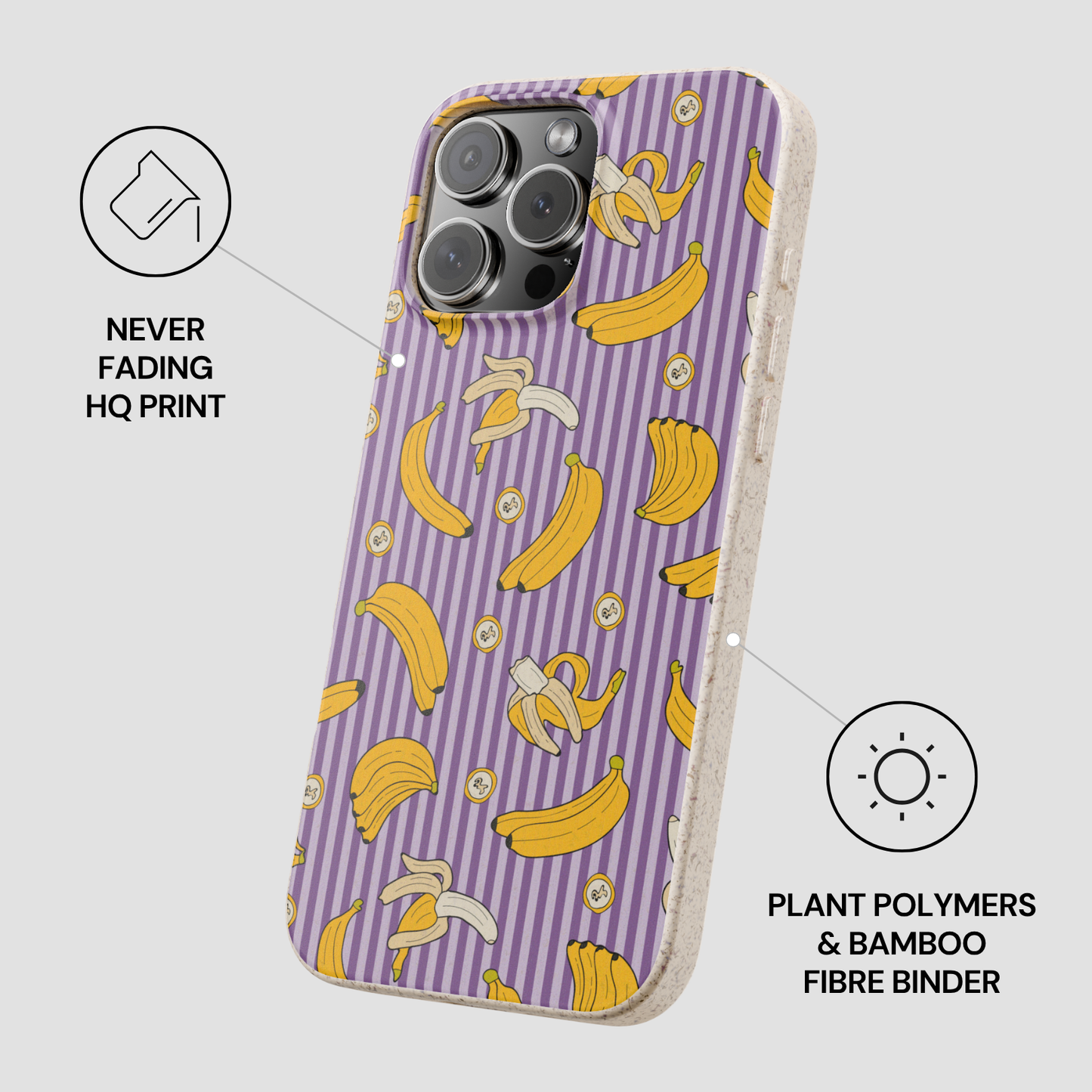 Phone case with banana pattern on a purple background