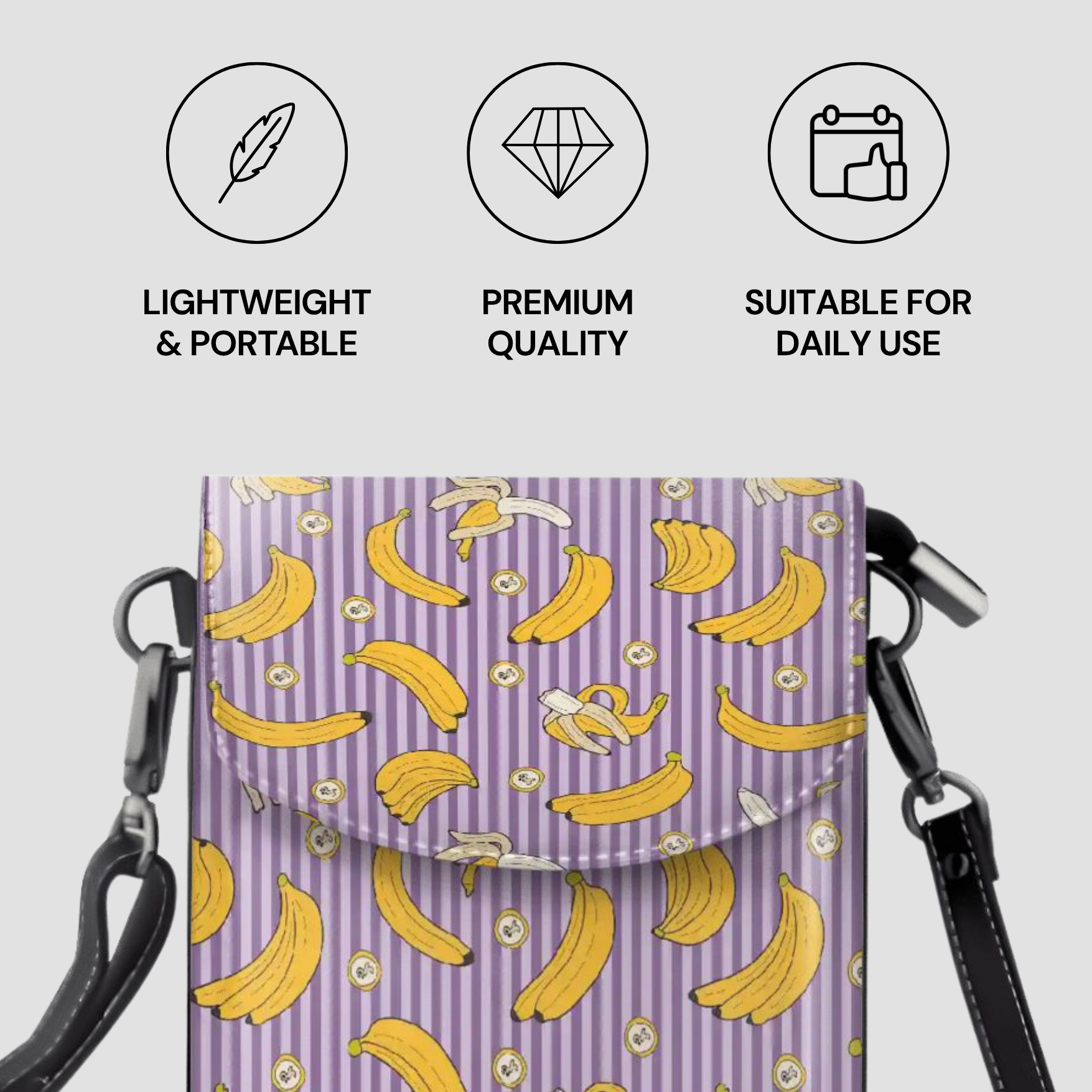 Phone case with banana pattern and features listed on a light gray background