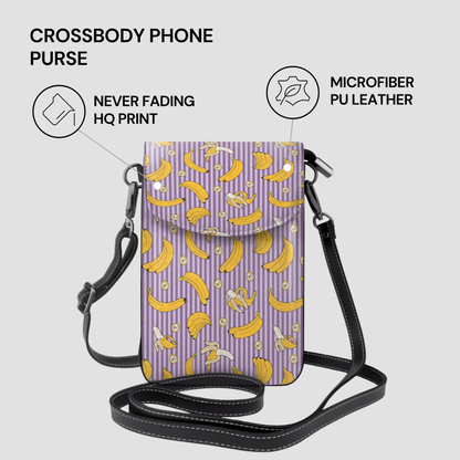Crossbody phone purse with banana pattern on a light gray background