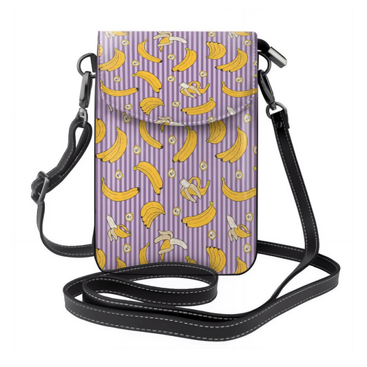 Crossbody bag with banana pattern on a purple background
