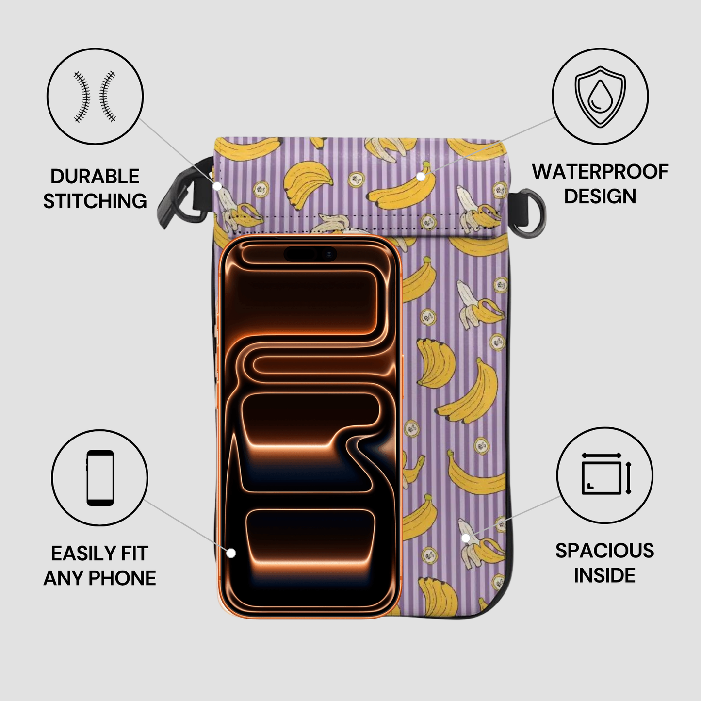 Phone case with banana pattern and features highlighted on a gray background