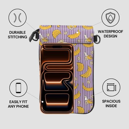 Phone case with banana pattern and features highlighted on a gray background