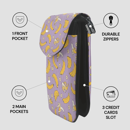 Purple pouch with banana pattern and features listed on a gray background