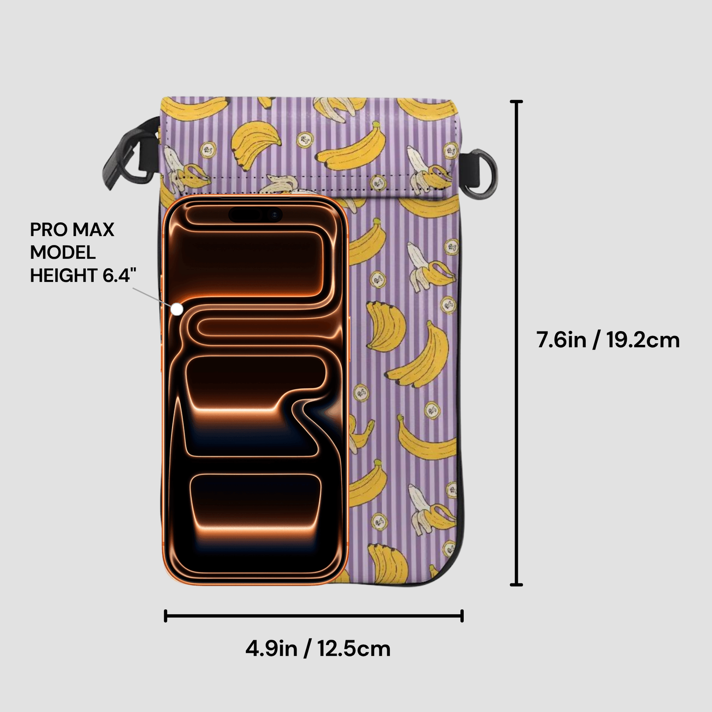 Phone case with banana pattern and measurements on a gray background
