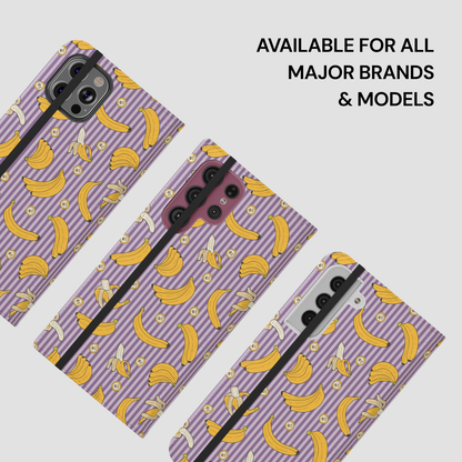 Phone case with banana pattern on a purple background