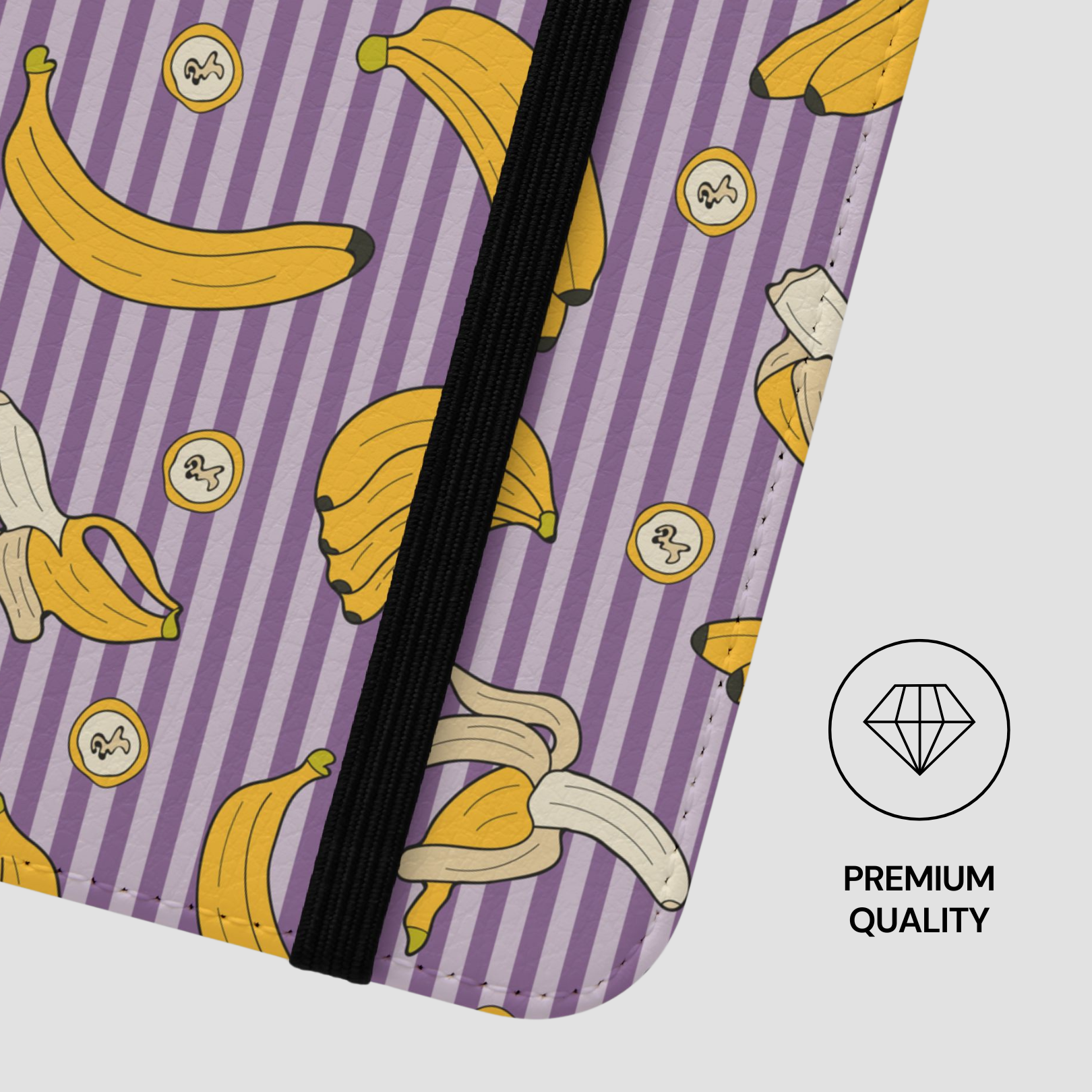 Phone case with banana pattern on purple background