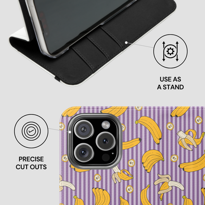 Phone case with banana pattern and stand feature on a white background