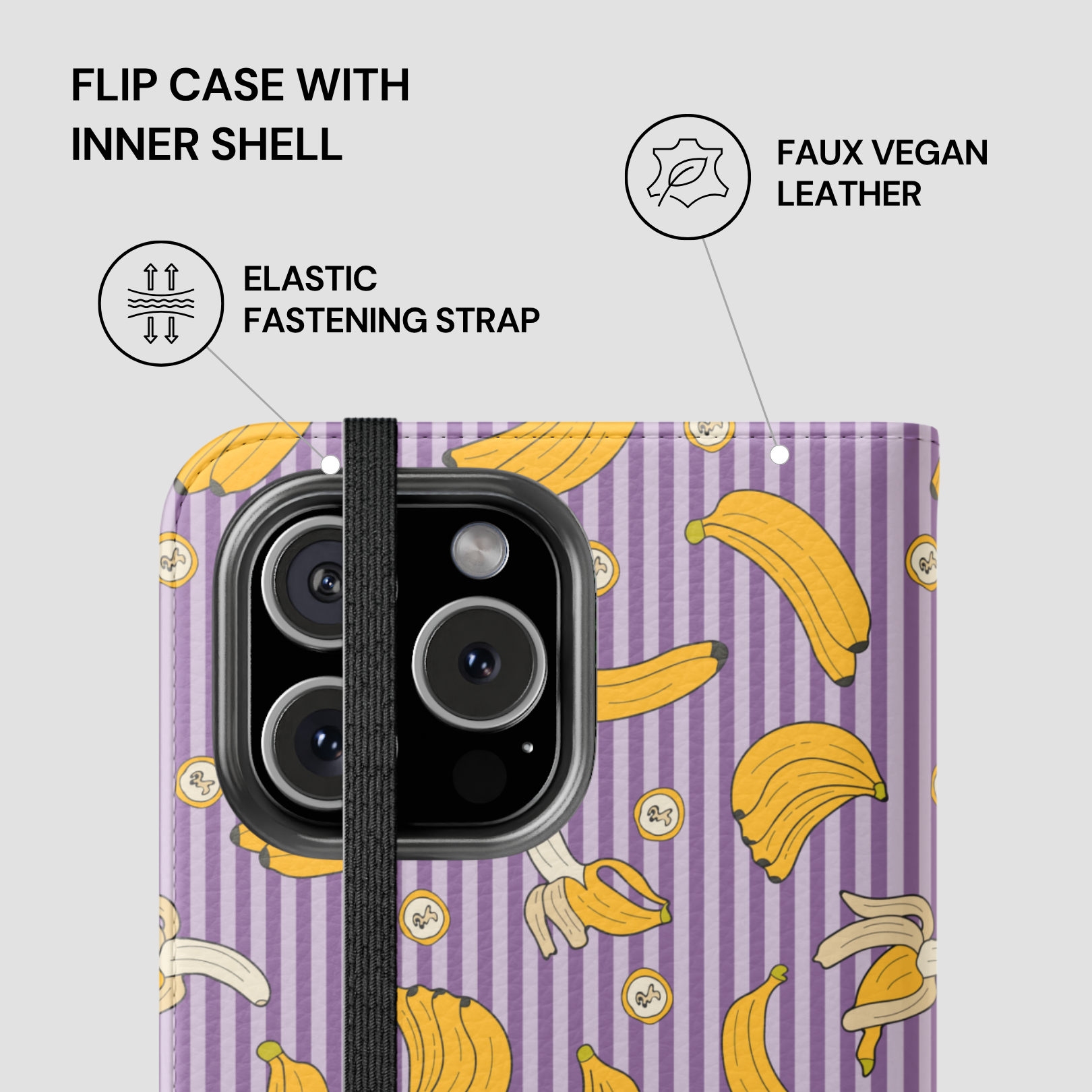 Phone case with banana pattern and text describing features on a purple background