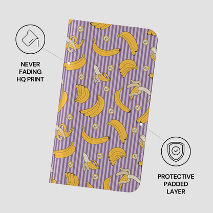 Product packaging with banana pattern on a purple background
