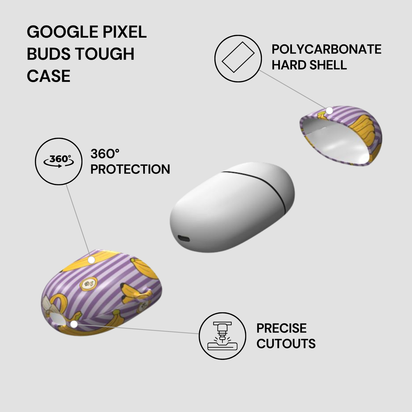 Google Pixel Buds Tough Case with features highlighted on a white background