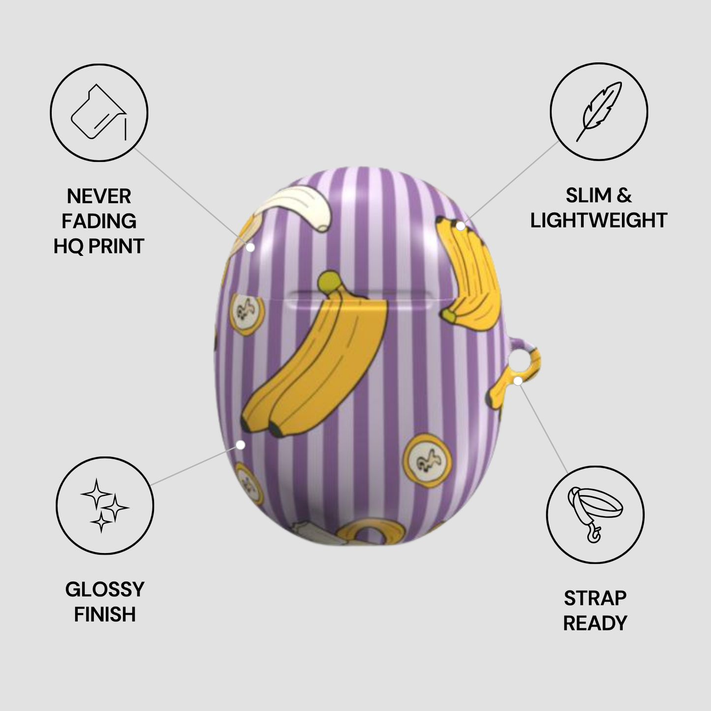 Purple striped case with banana design on a gray background