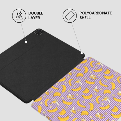 Black tablet case with polycarbonate shell and double layer feature, on a purple background with banana pattern.