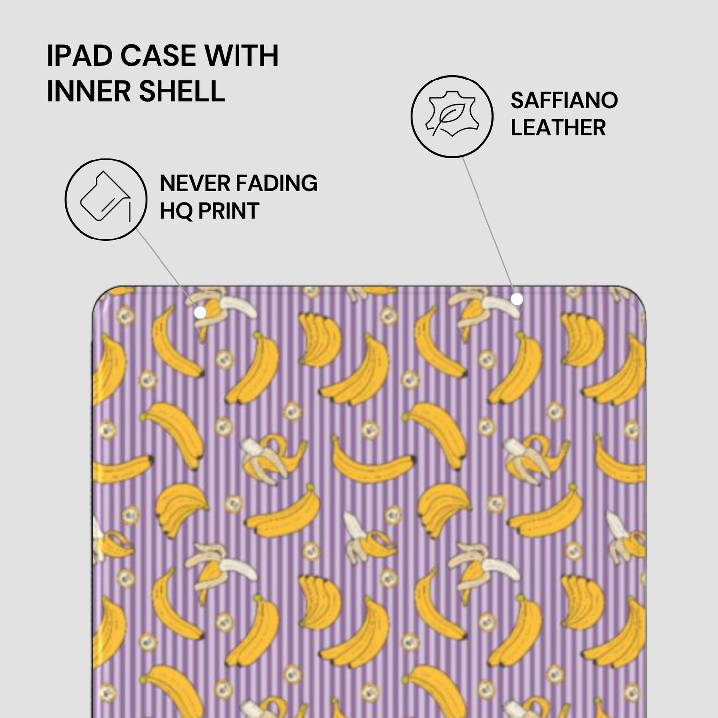 IPAD CASE WITH INNER SHELL featuring saffiano leather, never fading HQ print on a purple background with banana pattern.