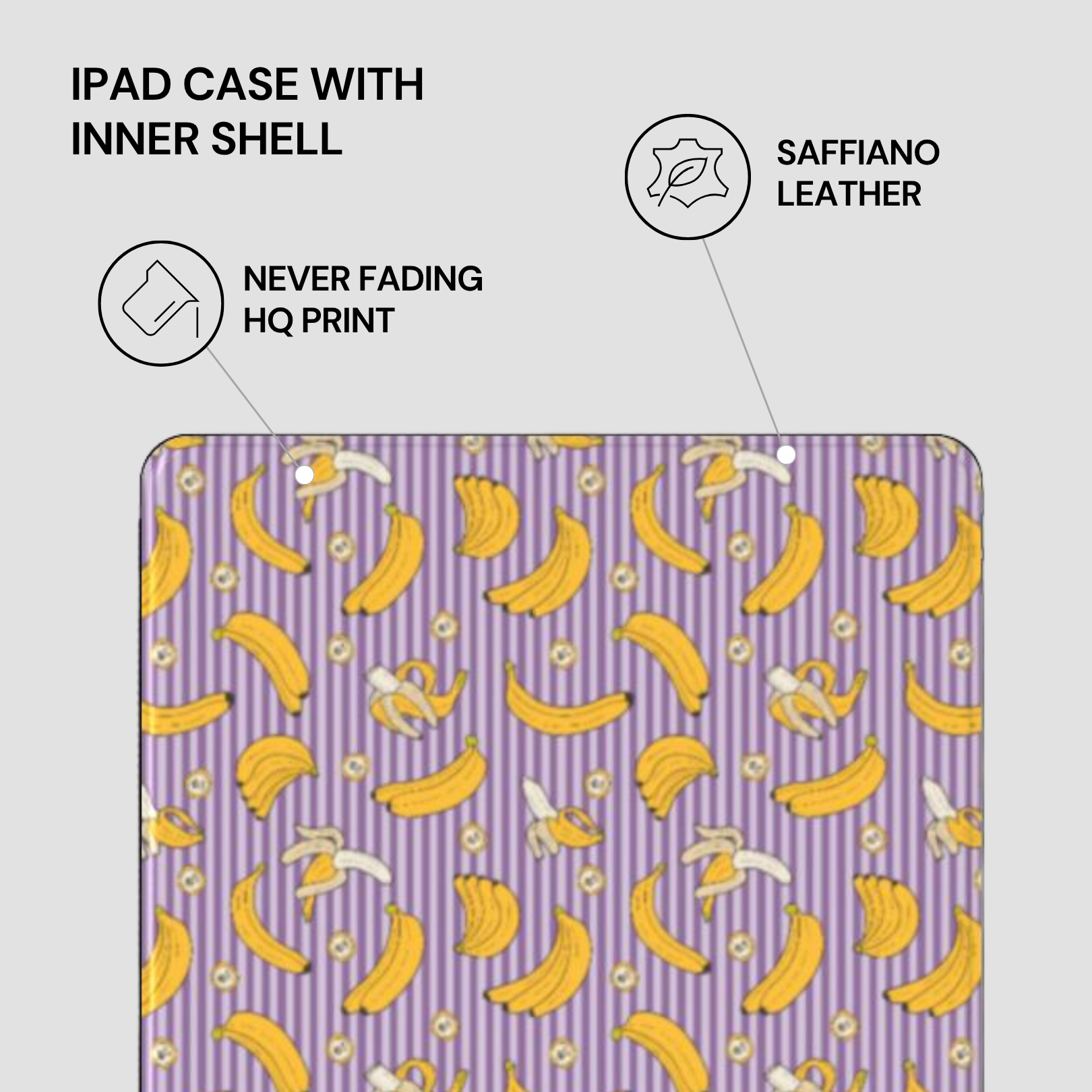IPAD CASE WITH INNER SHELL featuring saffiano leather, never fading HQ print on a purple background with banana pattern.
