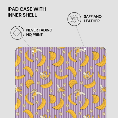 IPAD CASE WITH INNER SHELL featuring saffiano leather, never fading HQ print on a purple background with banana pattern.