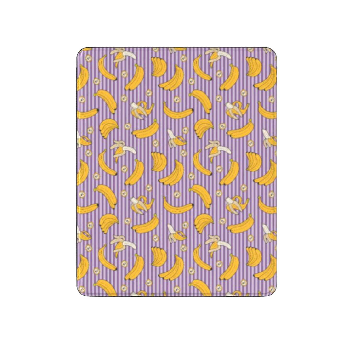 Patterned purple and yellow fabric with banana design on a white background